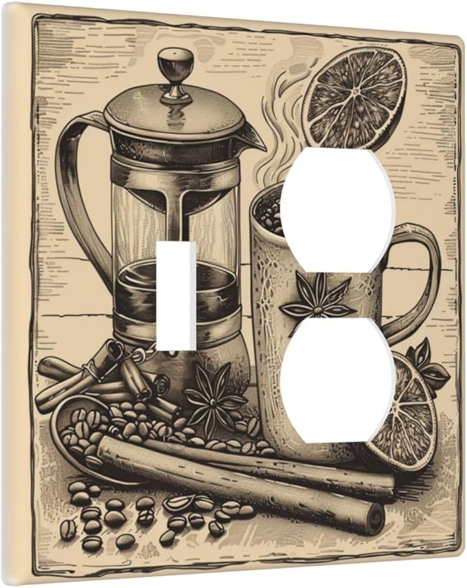 Light Switch Cover Plate Beige Vintage Rustic Coffee Beans Spice 2 Gang Decorative Switch Plates 1 Toggle Duplex Combo Outlet Covers GFCI Wall Plates for Kitchen Coffee Bar Decor