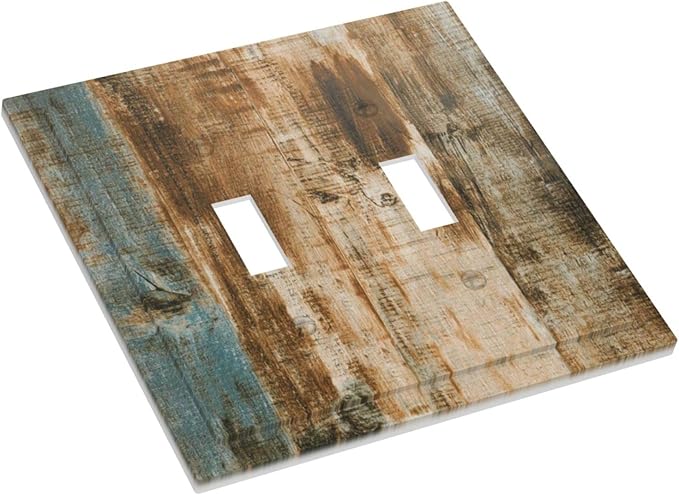Vintage Brown Wood 2 Gang LightSwitch Plate Cover Double Toggle Wall Plate Decorative Faceplate Electrical Wallplate Farmhouse Blue Grey Wood Barn Door Kitchen Bathroom Bedroom Home Decor 5" x 4.9