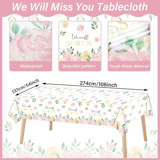 Floral Farewell Party Supplies Serves 24 We Will Miss You Paper Plates Napkins Retirement Decor Don't Forget Us Theme Tablecloth Set Tableware Kit for Goodbye Office Good Luck Going Away Party Favor