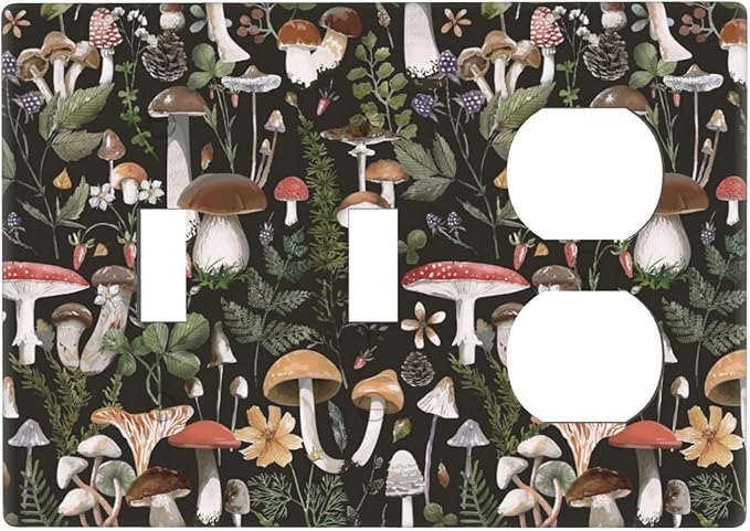 Black Boho Moth Botanic Mushroom 3-Gang 2-Toggle 1-Duplex Receptacle Combination Light Switch Decorative Triple Combo Device Switches/Rocker Outlet Covers and Wall Plate