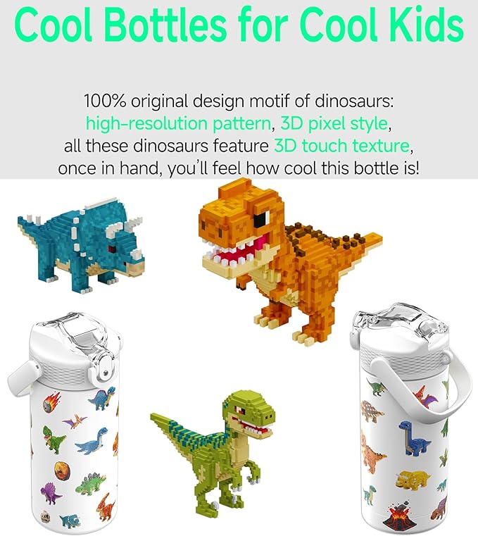 MYFOREST 14oz/400ml Insulated Kids Water Bottle, Odor-Free Surgical Grade Liner, Dishwasher-Safe, Name Spot, Soft Sipper, Gift for Dino Fan (DinoCraft: Pixel)