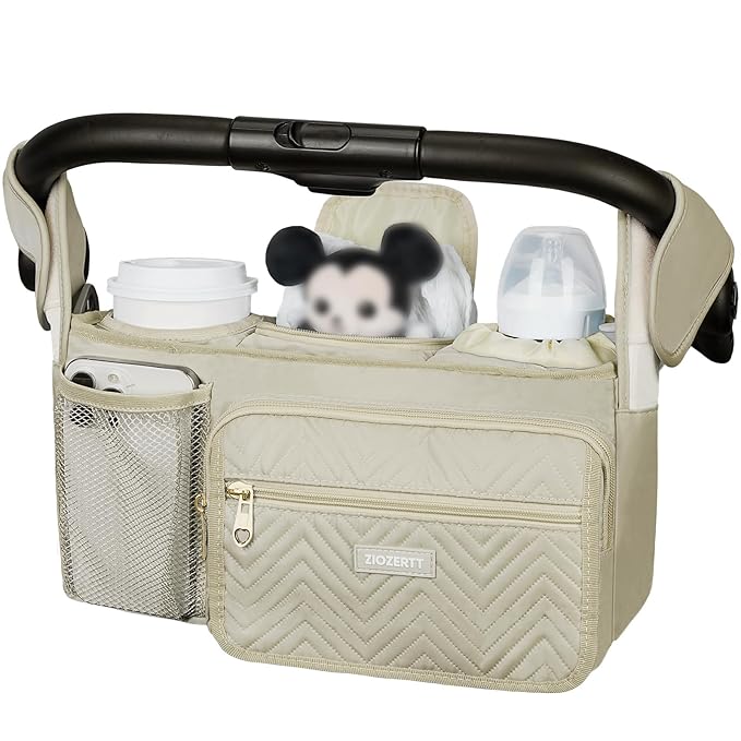 Universal Stroller Organizer with Insulated Cup Holders,Large Capacity Non-Slip Stroller Caddy Bag Fits for Uppababy/Doona/Jogger/Britax/Mompush/BoB with Anti-Sag Hard Bottom and Wet Wipes Pocket