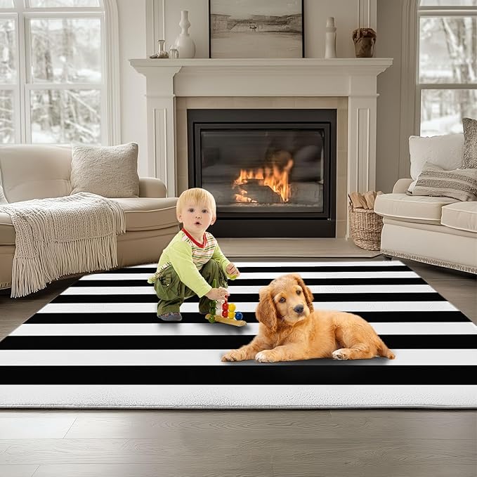 Geometric Horizontal Stripes Non-Slip Rug 6 x 8 ft Low Pile Washable Flannel Area Rug, Black and White Super Soft Indoor Fuzzy Carpet for Bedroom Living Room Home Decor Runner