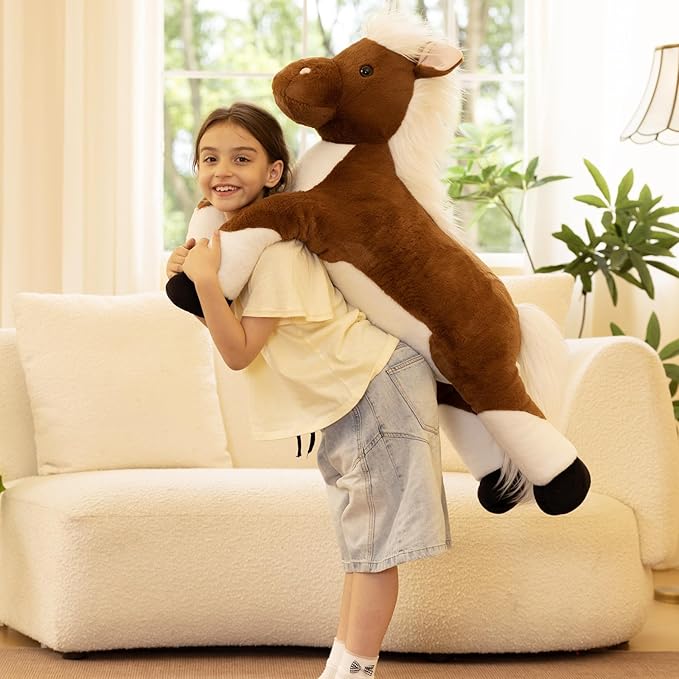 Tezituor 43.3 Inch Giant Horse Stuffed Animals with Long Hair, Realistic Stuffed Horse Plush Toys for Riding, Hugging Brown Horse Plush Pillow for Boys Girls Christmas Birthday Decoration