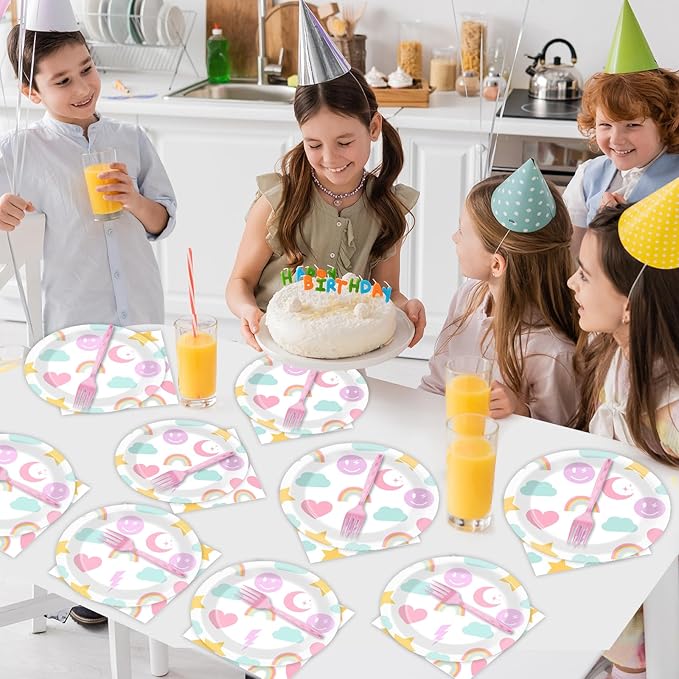 96Pcs Pastel Rainbow Party Plates and Napkins for Smlie Face Preppy Birthday Supplies Unicorn Themed Paper Dessert Plates Smile Tableware Set for Kids Boys 24 Guests Birthday Party Decorations