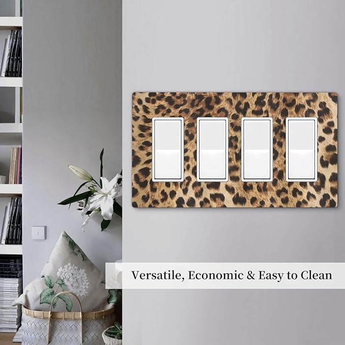 Classic Leopard Cheetah 4 Gang Quad Rocker/Decor Light Switch Cover Plate Decorative Electrical Faceplate For Girls Boys Home Bedroom Decorate Large Size 8.3" x 4.6