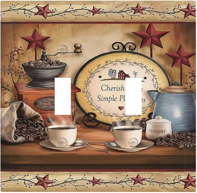 Kitchen Cafe Texas Star Coffee Beans Cup Bar Double Toggle Wall Plate Decorative 2-Gang Light Switch Cover Clock Restaurant Country Cottage Hotel Life Electrical Receptacle Outlet Face Plate Cover
