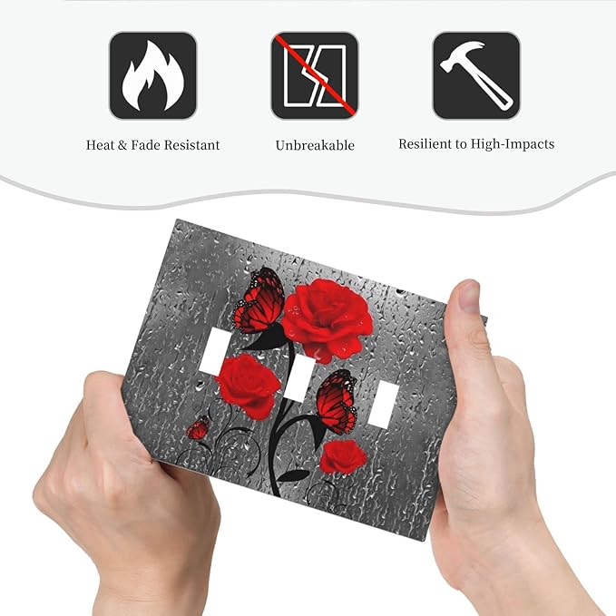 Butterfly Red Rose Flower 3 Gang Triple Toggle Light Switch Wall Plate Cover Decorative Electrical Faceplate For Girls Bathroom Home Living Room Decorate 6.7" x 4.8
