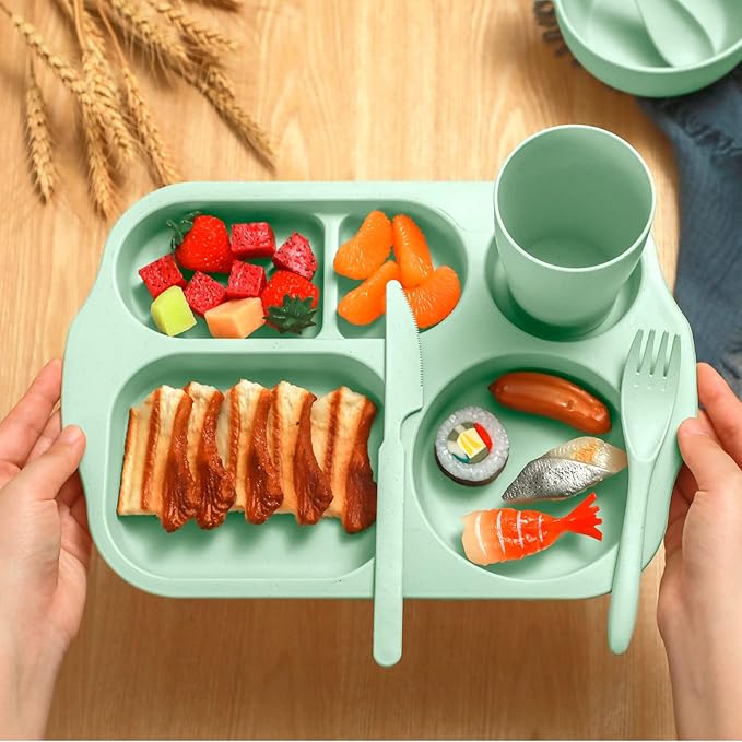 24 Pcs Wheat Straw Dinnerware Cutlery Set for Aldult Including Divided Plates Microwave Dishwasher Safe Bowl Unbreakable Tableware Straw Cutlery Spoon Knife Fork(Green)