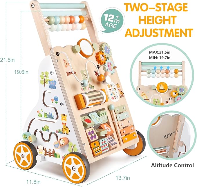 Wooden Baby Walker with Wheels, Push Walker with Baby Activity Center, Montessori Walking Toy for Girls Boys, Adjustable Speed & Height Activity Toy for Toddler Learning to Walk 12+ Months (Natural)