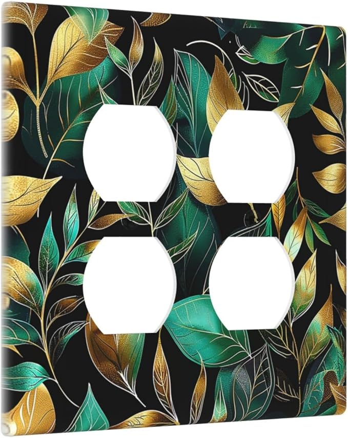 Outlet Covers Vintage Dark Green Vine Leaf Golden Plants 2 Gang Double Duplex Decorative Light Switch Covers Electrical Wallplates Socket Faceplate for Bed Room Cabin Decor