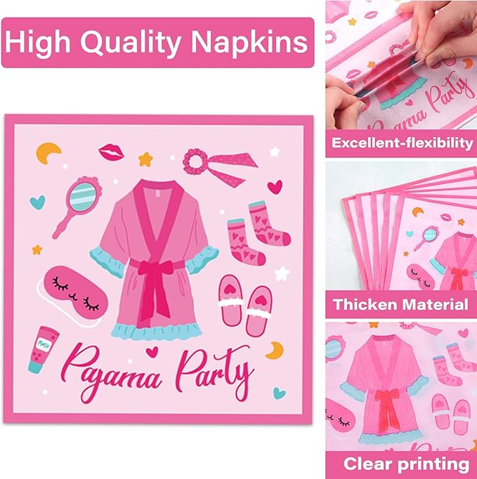 100 Pcs Pajama Party Paper Plates and Napkins Set Sleepover Party Decorations Supplies Girls Sleepover Tableware Favors for Spa Slumber Birthday Hot Pink Pajama Party Decorations Serves 25