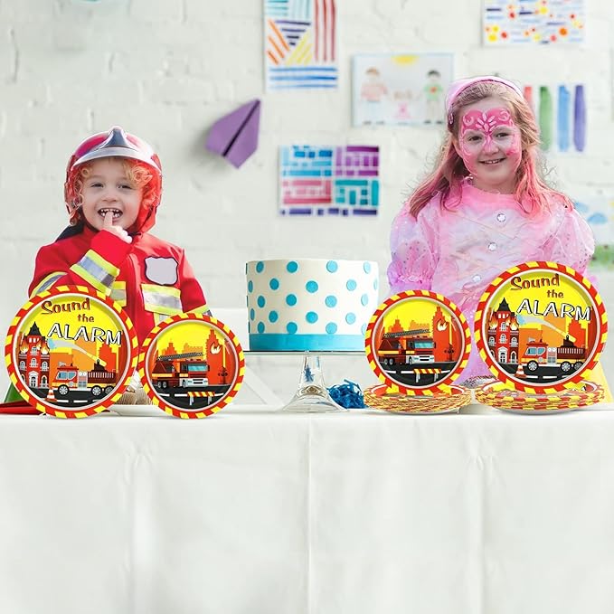 100 Pcs Firetruck Birthday Party Decorations Fireman Plates and Napkins for Firefighter Party Supplies Fire Truck Birthday Theme Disposable Dinnerware Set for Kids Fireman Party Favors Serve 25