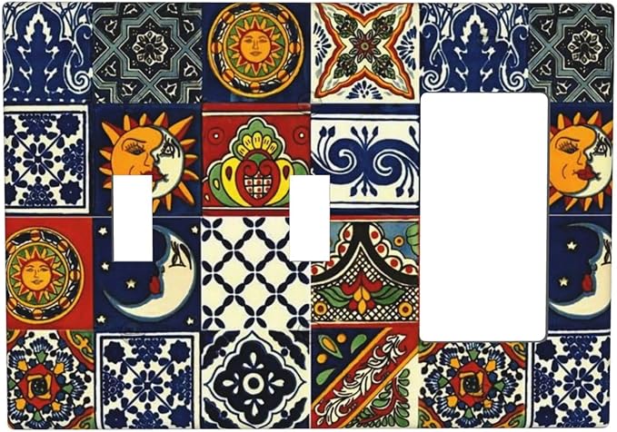 Boho Moroccan Mandala Mexican Tiles 3-Gang 2-Toggle 1-GFCI/Decorator Combination Light Switch Decorative Triple Combo Device Switches/Rocker Outlet Covers and Wall Plate