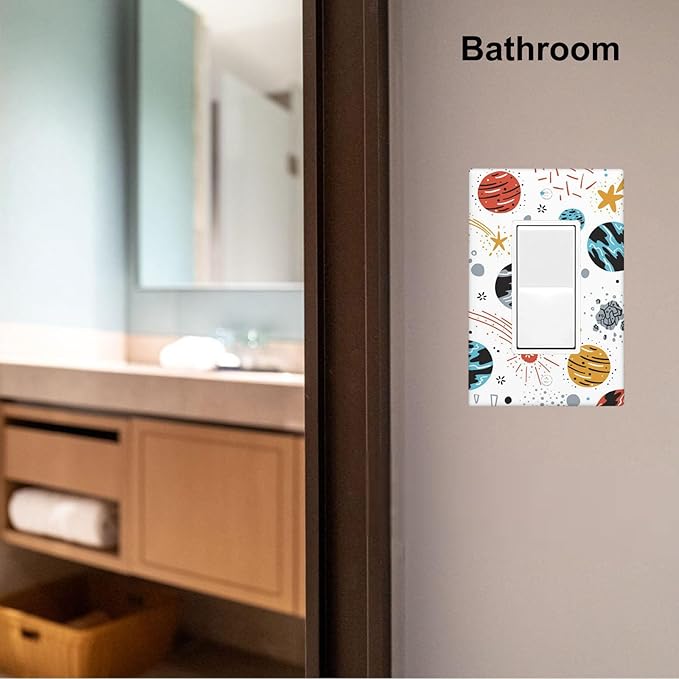 Universe Planets Stars 1-Gang Rocker Wall Plate, Cartoon Outer Space Decorative Single Rocker Switch Plate for Kids Room & Playroom