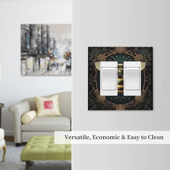 Decorative Outlet Covers Mid Century Bee Dark Floral 2 Gang Double Gfci Rocker Electrical Wall Panels Light Switch Cover Plate For Home Office Decor