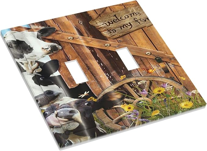 Decorative Switch Plate Covers Farm Cow Farmhouse Barn Door Rustic Vintage Wooden 2 Gang Double Rocker Decora Light Switch Cover Country Wildlife Funny Dual Outlet Wall Plate Electrical Faceplate GFCI