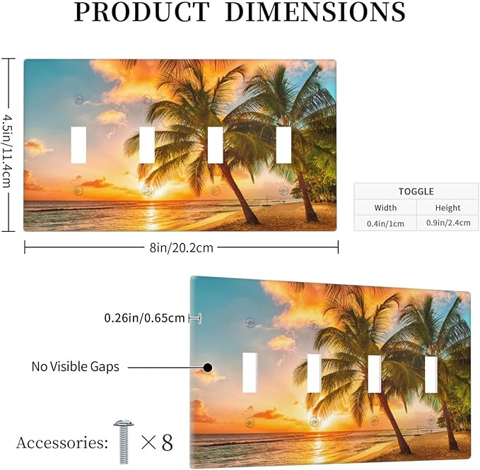 Light Switch Cover Sunset Beach Palm Tree Seascape 4 Gang Switch Plate Quad Toggle Wall Plates Tropical scenery Decorative Switchplate Electrical Outlet Cover Plates for Bathroom Home Decor
