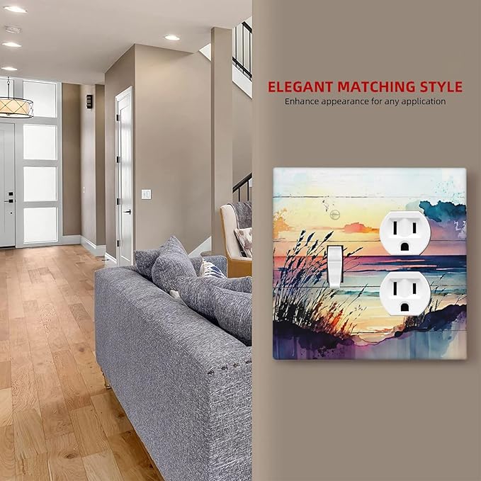 Decorative Outlet Covers Watercolor Sunset Beach Nature Coastal Seascape 2 Gang Wall Plate Single Toggle Duplex Light Switch Cover Switch Plate Covers Faceplate for Bedroom Decor