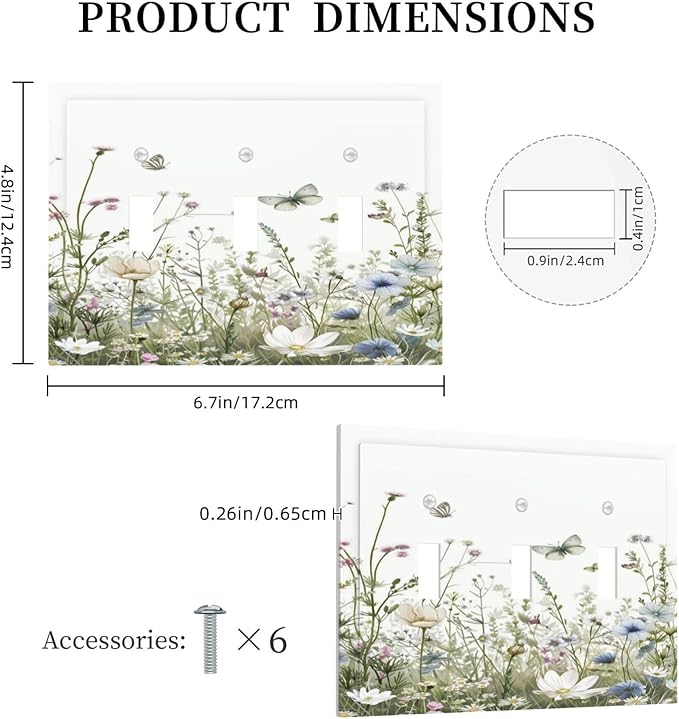 Colorful Wildflowers Daisy Plant Butterfly Floral Decorative Switch Plates 3 Gang Wall Plate Triple Toggle Light Switch Cover Faceplate Electrical Wall Panels for Bed Room Living Room Decor