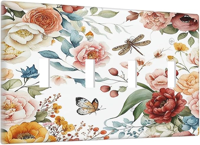 Rustic Style Colorful Peony Butterfly Dragonfly Light Switch Covers Quad Toggle 4 Gang Wall Plate Decorative Switch Plates Electrical Faceplate for Bedroom Living Room Decor