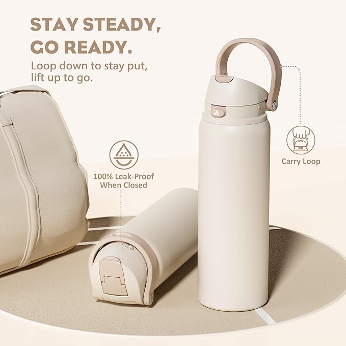 POWCAN 32 oz Insulated Water Bottle, 2-in-1 Push-Button Spout & Quick-Flip Straw Lid, Leakproof, Keep Cold 24Hrs, BPA-Free, Stainless Steel Water Bottle for Sports, School, Travel, Gym (Oat Mousse)
