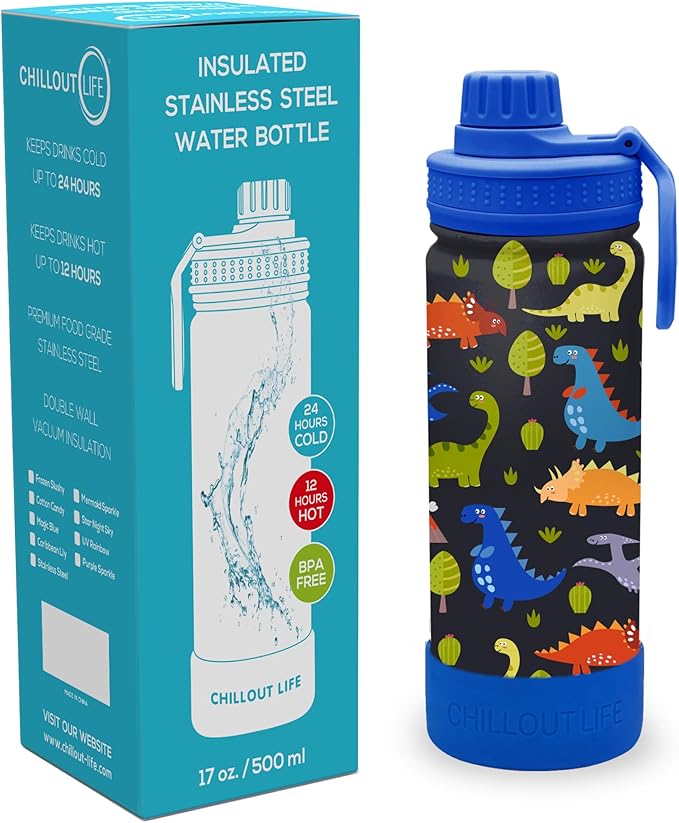 CHILLOUT LIFE 17 oz Kids Insulated Water Bottle for School with Leakproof Spout Lid and Cute Waterproof Stickers, Personalized Stainless Steel Thermos Flask Metal Water Bottle for Girls & Boys