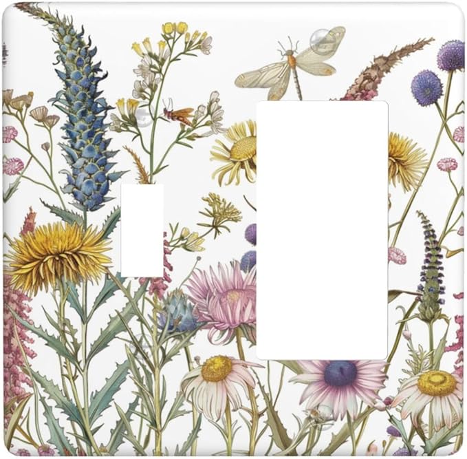 Light Switch Cover Plate Botanical Wildflowers Dragonfly Colorful Floral 2 Gang Combo Wall Plates Toggle Rocker Decorative Switch Plates and Outlet Covers for Bathroom Bedroom Decor