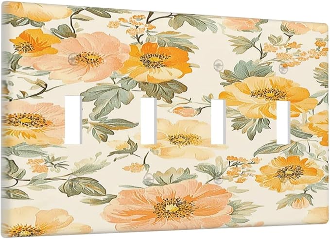 Light Switch Cover Plate Vintage Floral Pastel Flower Pattern 4 Gang Quad Toggle Wall Plate Electrical Outlet Cover Decorative Switch Plate Covers for Bedroom Cabin Decor