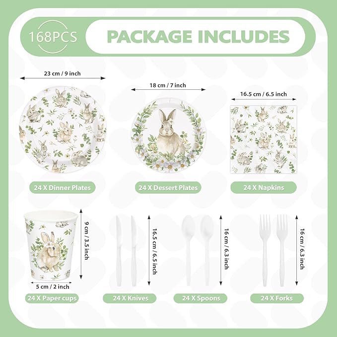 168Pcs Bunny Rabbit Paper Plates and Napkins Disposable Spring Bunny Rabbit Party Plates Rabbits Sage Green Tableware Set for Girls Boys Spring Sage Green Holiday Birthday Party Supplies Serves 24