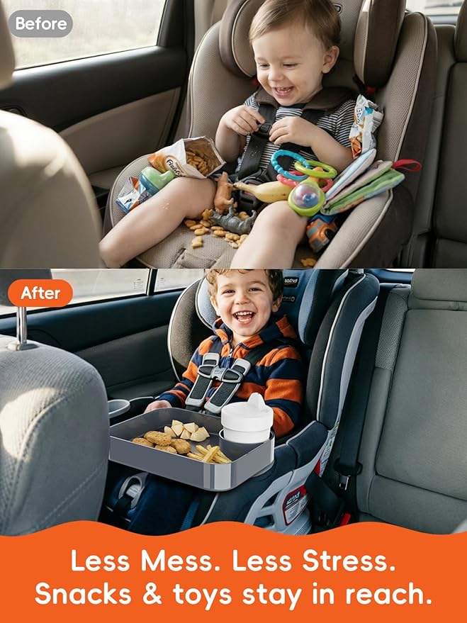 Car Seat Cup Holder Snack Tray for Kids, Reduces Mess, Detachable Large Base & Adjustable Ring, Carseat Tray for Toddler, Car Seat Food Tray Table for Kids Travel Road Trip Essentials-Dark Gray