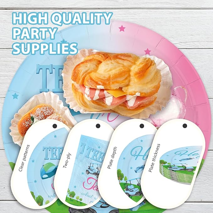 96 Pcs Golf Gender Reveal Decorations Blue Or Pink Golf Gender Reveal Plates and Napkins Tee Time He Or She Tableware Set for Boys Girls Baby Shower Birthday Party Supplies Serves 24