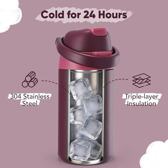 12 oz Water Bottle Insulated, 304 Stainless Steel Insulated Kids Water Bottle with Straw, 2-in-1 Lid Toddler Cups for School Boys Girls, BPA-Free, Leak-Proof, Great for Sport, Travel, Gift, Red