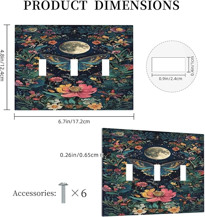 Decorative Light Switch Cover Plate Bohemian Moon Butterfly Floral 3 Gang Wall Plate Triple Toggle Switch Plate Covers Electrical Outlet Cover for Bedroom Cabin Decor