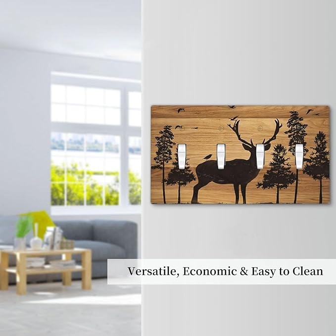 Elk Moose Forest Hunting Pyrography Art Wood Texture Print Light Switch Covers Quad Toggle Electrical Faceplate 4 Gang Wall Plate Decorative Switch Plates Cover for Farmhouse Bedroom Decor