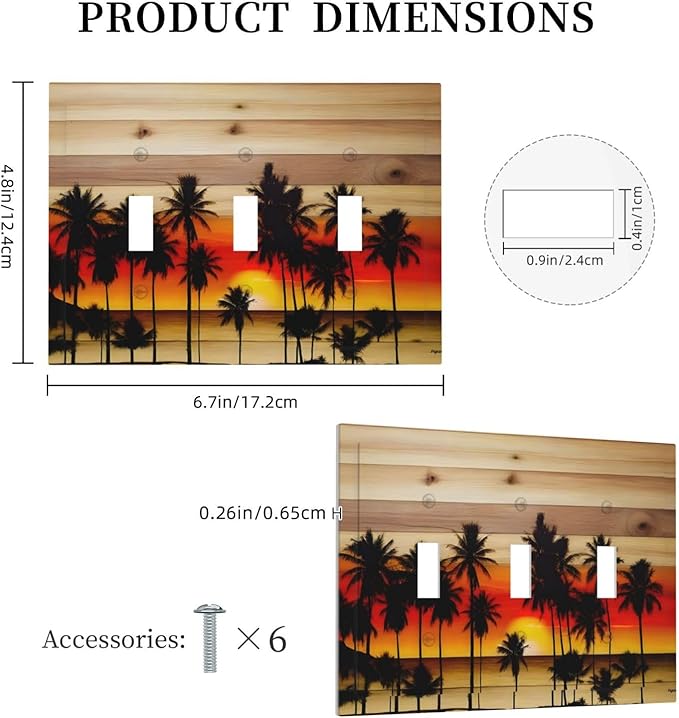 Sunset Beach Coconut Palm Tree Wooden Background Decorative Switch Plates 3 Gang Wall Plate Triple Toggle Light Switch Cover Faceplate Electrical Wall Panels for Bedroom Living Room Decor