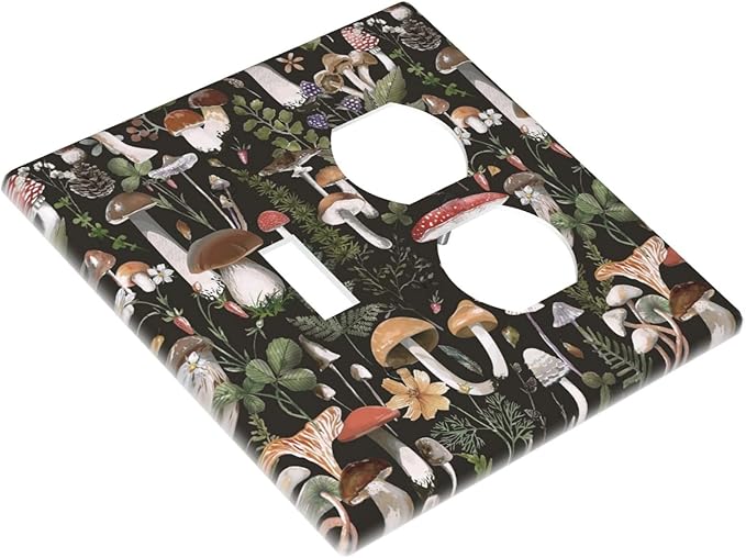 Decorative Vintage Mushroom 2-Gang 1-Toggle 1-Duplex Device Combination Wall Plate, Forest Botany Leaf Gothic Black Boho Floral One Toggle Switch/Duplex Receptacle Outlet Combo Light Switch Cover
