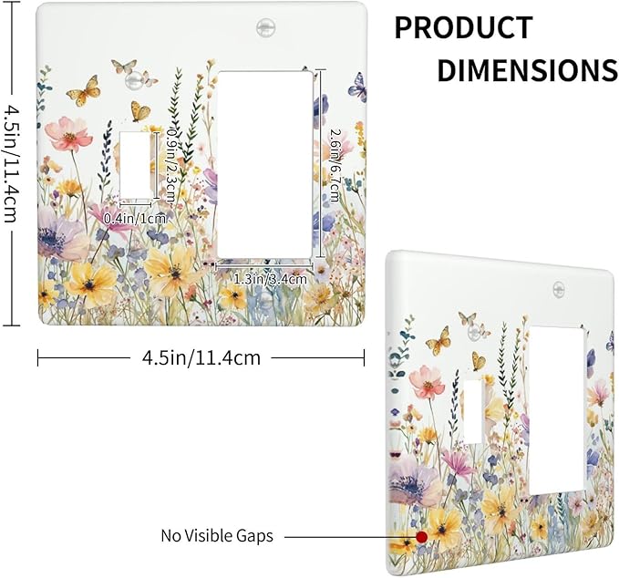 Wildflowers Colorful Flower Butterfly Floral Outlet Covers 1 Toggle 1 Rocker Combination Decorative Wall Plate Electrical Switch Plates Light Switch Cover Plate for Farmhouse Bedroom Decor