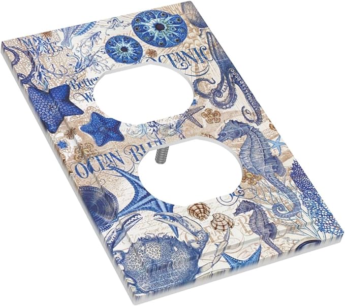 Outlet Covers Vintage Sea Blue Seahorse Starfish Octopus 1 Gang Duplex Light Switch Cover Decorative Switch Plates Electrical Receptacle Faceplate Wall Plate For Kids Room Home Decor