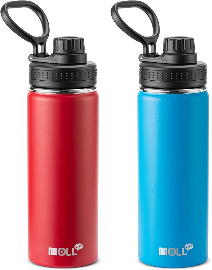 18 oz Water Bottle Stainless Steel Vacuum Insulated Wide Mouth Sports Flask, 2 Pack Water Bottle with Leakproof Spout Lid (Canyon Red-Sky Blue)