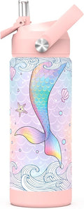 Girls Water Bottle with Straw,18 oz Kids Insulated Cups with Stainless Steel Leak Proof for School,Sport&Travel（Mermaid）