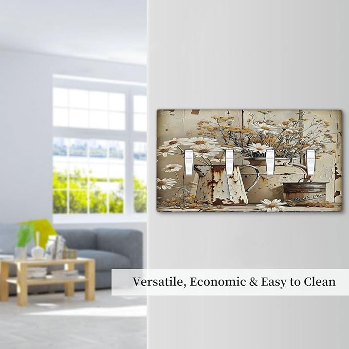 Rustic Flowers Daisy Floral White Wooden Planks Light Switch Covers Quad Toggle Electrical Faceplate 4 Gang Wall Plate Decorative Switch Plates for Farmhouse Home Decor