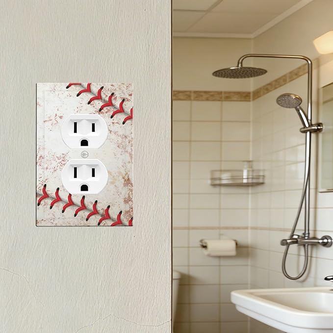 Vintage Baseball Stitch & Distressed Leather Duplex Wall Plate - 1-Gang Standard US Size Home Run Game Themed Outlet Covers for Boy's Bedroom Decor