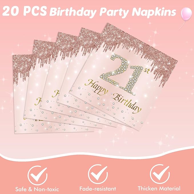 62Pcs 21st Birthday Decorations for Girls Her, Rose Gold Birthday Party Supplies Include 40Pcs Plates 20Pcs Napkins and 2Piece Tablecloth, Rose Gold Sweet 21 Party Tableware for 20 Guests