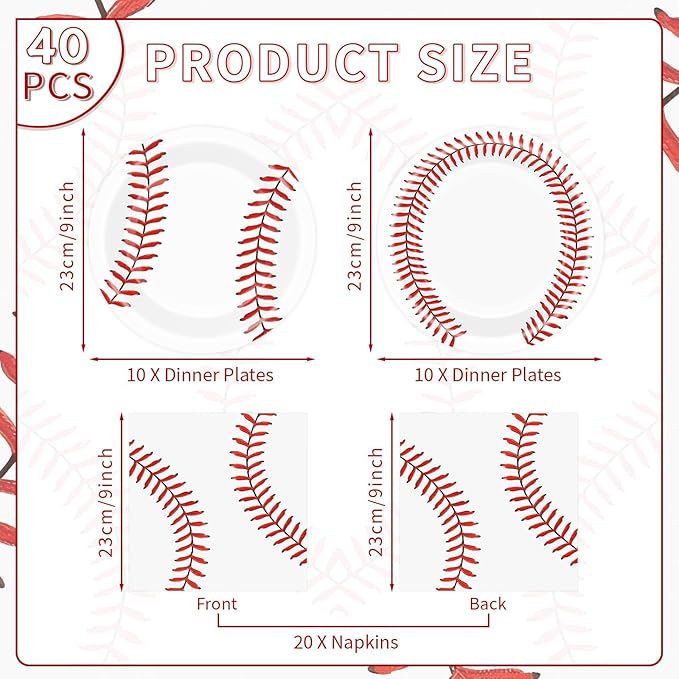 40 Pcs Baseball Plates and Napkins Sets - Baseball Party Supplies, Disposable Paper Dinner Plates and Napkin Tableware Kit for Sports Themed Baseballs Birthday Party Table Decorations, Serves 20