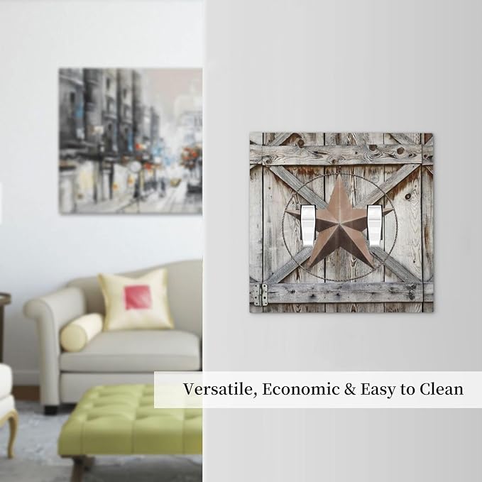 Rustic Western Texas Star Barn Door Double Toggle Light Switch Cover Decorative Vintage Wood 2 Gang Wall Plate Electrical Faceplate Switchplate for Farmhouse Bathroom Home Living Room Decor