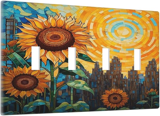 Abstract Sunflower Graffiti Floral Paint Art Flower Light Switch Covers Quad Toggle 4 Gang Wall Plate Decorative Switch Plates Electrical Faceplate for Bedroom Living Room Decor