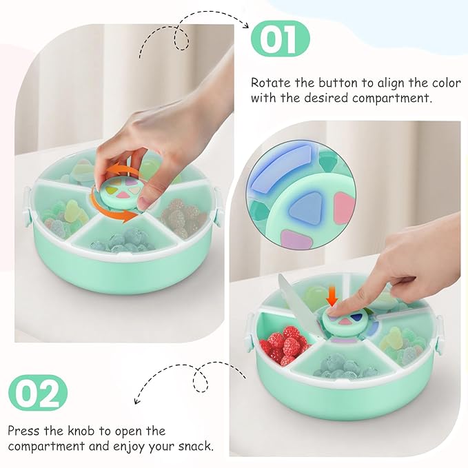 JOOPE Talk Kids Reusable Rotating Snack Container with 5 Separate Compartments, ColorMatching Opening Lid,BPA/PVC-Free, Dishwasher Safe, Perfect for Travel, School Lunches& On-The-Go Snacking-Green