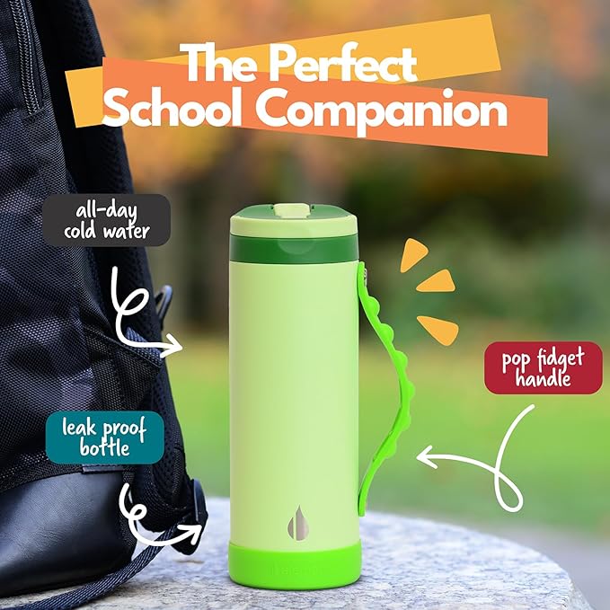 Elemental Iconic Kids Water Bottle for School - 100% Leak-Proof Insulated Water Bottles with Straw Lid & Pop-It Handle for Boys & Girls - Triple-Wall Insulated & BPA-Free, 14oz – Island Green