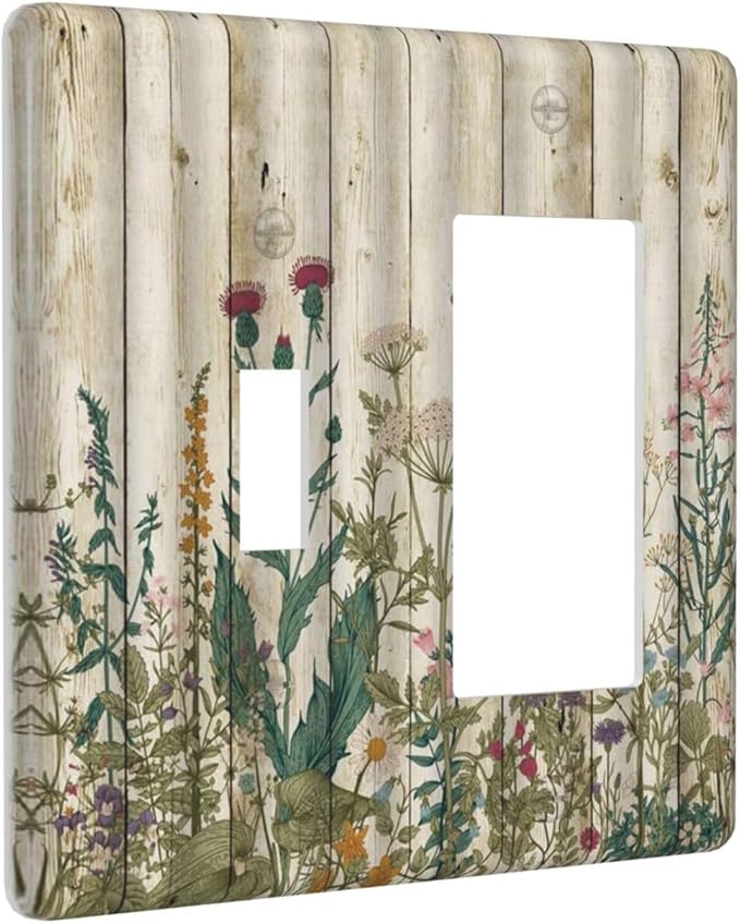 Vintage Wild Flowers Botanical Green Leaves Plants 2 Gang Single Toggle Rocker Combination Light Switch Cover Rustic Wood Plank Decorative Wall Plate Cover Electrical Faceplate Switchplate